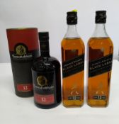 Bunnahabhain Islay single malt Scotch whisky aged 12 years 700ml, two Johnnie Walker Black Label ble