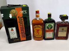 Four assorted spirits to include two Jagermeister 1 x 1,750ml, 1 x 1L, Fireball Cinnamon whisky 1L,