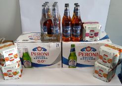 A quantity of assorted beers/ciders to include Peroni 0.0% pack, 24 bottles per pack, Peroni pack of