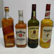 Paddy Irish whiskey 1L, Jameson Irish whiskey 1L, Johnnie Walker Red Label blended Scotch whisky 1L,
