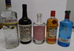 Five assorted gins to include Sherlock & Sons Gin Solace 700ml, Whitley Neill Gin Distiller's cut 70