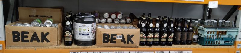 One shelf of assorted cans/bottles/kegs of beer/wine/cider and related (some close to BB date).