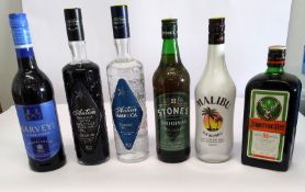 Six assorted spirits to include Jagermaster 700ml, Antica Sambuca 700ml, Harvey's Solera sherry 750m