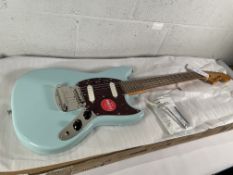 A boxed as new Squier Classic Vibe '60s Mustang, Sonic Blue (SN: ICSH25028625).