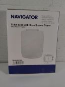 Five Navigator square shape white toilet seats with plastic hinges (one box unsealed).