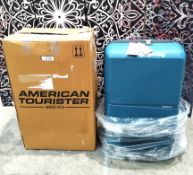 An as new with tags American Tourister Airconic A693 Spinner 77/28 TSA, deep ocean suitcase (88G1100