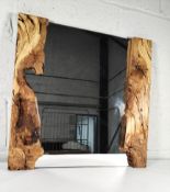 A rustic style square wood edged mirror, size (w) 60cm x (w) 60cm x (d) 3cm.