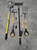 Six Roughneck related items with/without tags to include sharp lawn edge iron, gardening fork , util