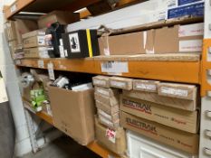 Assorted electrical, plumbing and related items (two shelves).
