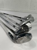 Six assorted golf clubs: Mizuno Pro x 2 (T-1, 48 10S and T-3, 58 08 C), Callaway Paradym Ai Smoke, M