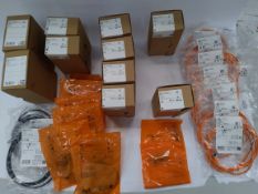 As new selection of IFM sensors, sockets and cables, serial numbers and quantities in images.