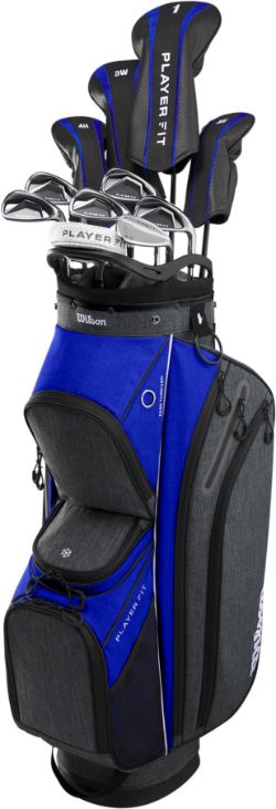 An as new Wilson Player Fit complete golf set with cart bag, W-1,3, H-4,5, I-6,7 8,9,PW,SW, P, right