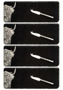 An as new Selbrae Highland Cow set of 4 mini slate cheese boards and knives set, boxed (stock image)