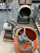 A pre-owned cement mixer and spare drum, a electric mixer and a compactor floor plate Wacker.