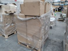 A pallet containing as new protective face shields (DFS-01M).