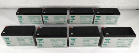 Eight Yuasa valve regulated sealed lead acid batteries. Box opened (REW45-12 (NT-3B-1).