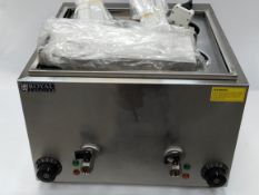 Pre-owned Royal Catering Pasta Cooker with 4 Straining Baskets. Slightly bent corner.