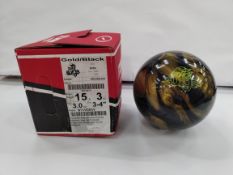 As new Strom Tropical Surge Bowling Ball, 15lb, 3oz, Top 3.0oz, Pin 3-4