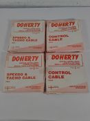 Twenty six Doherty Speedo and Tacho cables and eight Doherty control cables (some boxes slightly cre