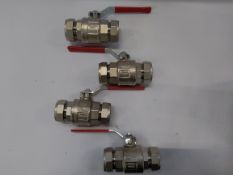 Four as new Jet range 42mm brass ball valves with red tap handles.