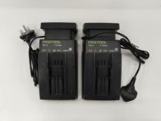 Two as new Festool TCL 6 Chargers, 220-240 V, 50-60Hz (unboxed).