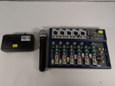 Pre-owned audio equipment; Shure PG58 microphone, Shure BLX4K3E receiver and 4 channel mixer.