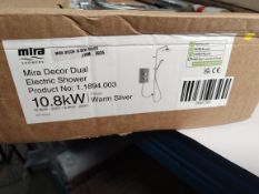 An as new Mira decor dual electric shower in warm silver 10.8Kw.
