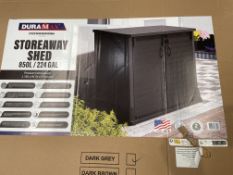 A Duramax Cedargrain StoreAway 850L plastic garden storage shed.