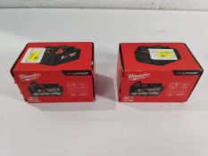 Two as new Milwaukee red lithium batteries M18 B5 5.0Ah.