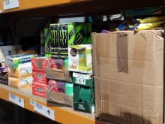 A shelf of assorted in-date Food/Drink/Confectionery.