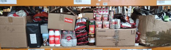 A quantity of assorted food items to include popcorn, Saxa table salt, fizzy drinks, coffee beans an