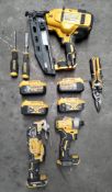 Six pre-owned DeWalt tools plus four batteries: nail gun, drill, hand tools and multi-tool. No acces
