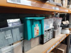 A shelf of assorted electrical related items to include Seaward portable appliance tester, Hager soc