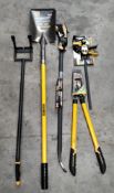 Five Rough Neck related items - bypass loppers, gorilla bar, one handed bar clamp and spreader, long