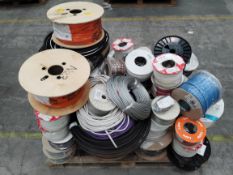 A pallet of assorted reels of cables, wires and related.