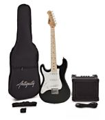 An as new Antiquity Mini ST left handed guitar and amp pack, Black, box opened (stock image).