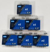 Six as new KMC E1 EPT E-Bike single speed chain, silver, 110 links (slight damage to packaging).
