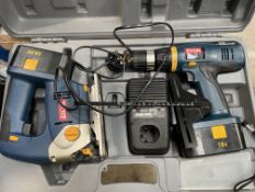 A Ryobi CDI-1800 Combi Drill and CJSP-180-QEO Jigsaw, pre-owned with batteries, charger and case.