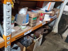 Two shelves of assorted electrical and plumbing products and related.