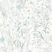 Twelve Grandeco Free Flower Sprigs and Grass Wallpaper, lilac blue green, 198829 (stock image).