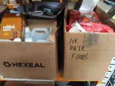 A shelf of assorted in-date food, confectionary and other related items.