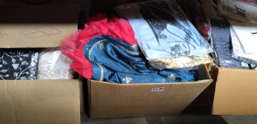 Three large boxes of new asian and related clothing items assorted style and sizes.