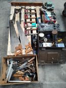 A quantity of vintage tools and hardwares to include B and J Wilcock saw, Record hand plane and a Ka