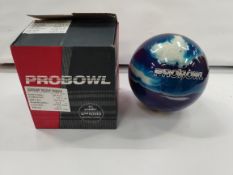 As new Probowl Bowling Ball, GR WGT: 7lb 5oz, TOP WGT: 1 1/4 oz, Pin Placement 2-3, Purple/Royal/Sil