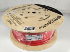 A Prysmian FP200 gold 2 core 2.5mm red fire alarm cable reel (100m).