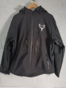 Three Team Whiskey black water repellent jackets, size large with detachable hood (two with slight d