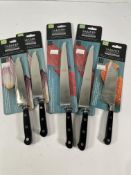 Two Sabatier Professional 20cm Carving Knives, two 15cm Chef's Knives and one 13cm Santoku Knife, al