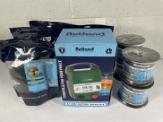 A Rutland ESB 500 Battery Energiser, four Wood Screw Insulators (25 pack) and four Electro Tape 12mm