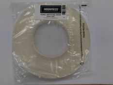 Twenty five as new rolls of Woodpress easy fix pearl white melamine, 22mm x 50m per roll.