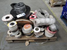 A pallet of assorted reels of cables, wires and related.